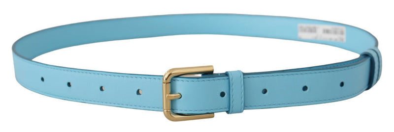 Sky Blue Leather Gold Tone Metal Logo Buckle Belt