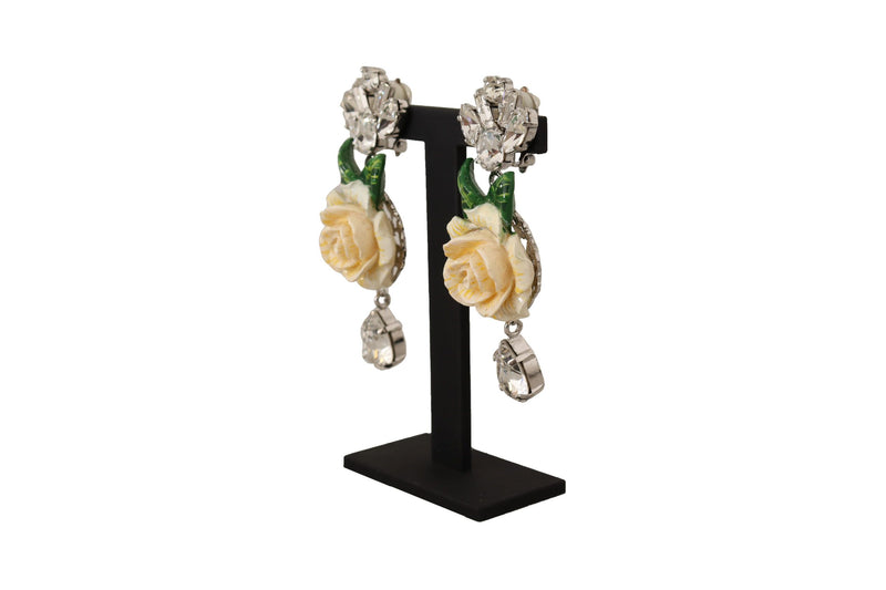 Silver Brass Roses Clear Crystal Clip On Dangling Earrings