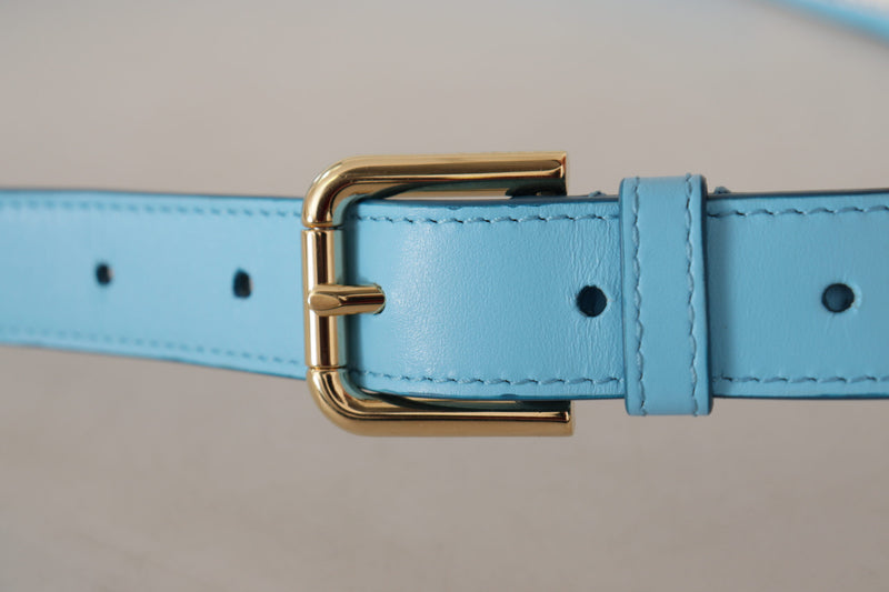 Sky Blue Leather Gold Tone Metal Logo Buckle Belt