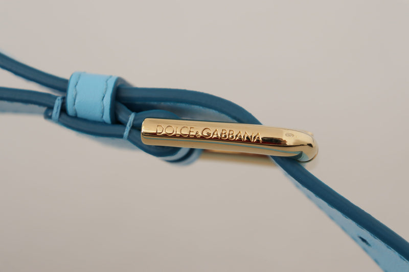 Sky Blue Leather Gold Tone Metal Logo Buckle Belt