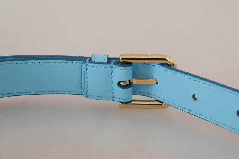 Sky Blue Leather Gold Tone Metal Logo Buckle Belt