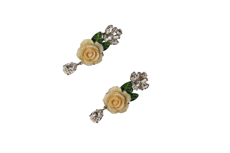 Silver Brass Roses Clear Crystal Clip On Dangling Earrings