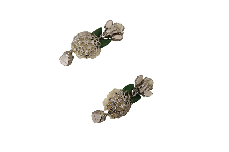 Silver Brass Roses Clear Crystal Clip On Dangling Earrings