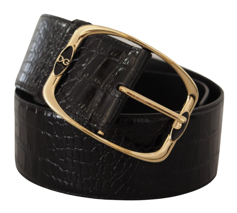 Black Crocodile Print Gold Metal DG Logo Buckle Belt