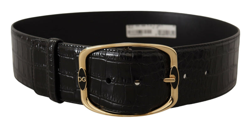 Black Crocodile Print Gold Metal DG Logo Buckle Belt