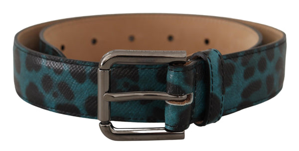 Blue Green Leopard Print Logo Metal Waist Buckle Belt