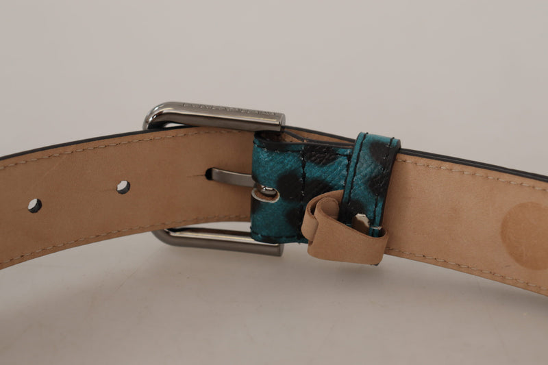 Blue Green Leopard Print Logo Metal Waist Buckle Belt