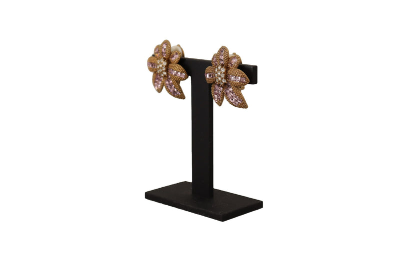 Gold Brass Floral Pink Clear Crystal Clip On Earrings