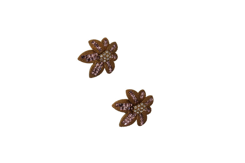 Gold Brass Floral Pink Clear Crystal Clip On Earrings