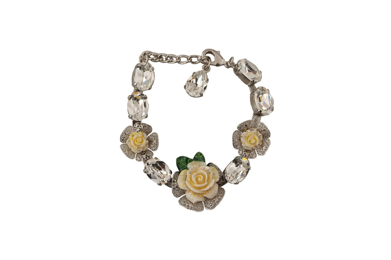 Silver Brass Chain Clear Crystal Floral Bracelet