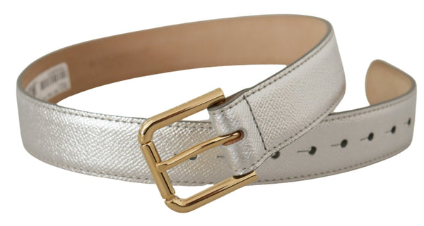 Silver Leather Gold Tone Logo Metal Waist Buckle Belt