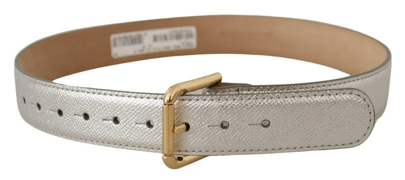 Silver Leather Gold Tone Logo Metal Waist Buckle Belt