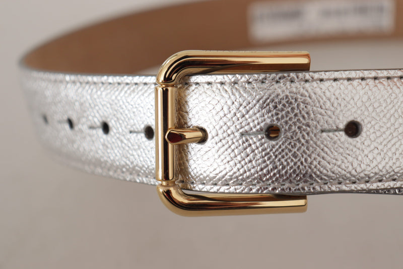 Silver Leather Gold Tone Logo Metal Waist Buckle Belt