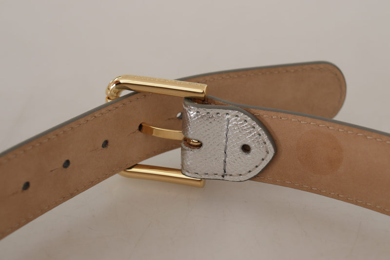 Silver Leather Gold Tone Logo Metal Waist Buckle Belt