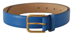 Blue Leather Gold Tone Logo Metal Waist Buckle Belt