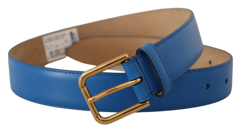 Blue Leather Gold Tone Logo Metal Waist Buckle Belt