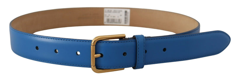 Blue Leather Gold Tone Logo Metal Waist Buckle Belt