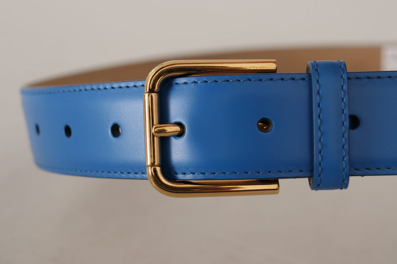 Blue Leather Gold Tone Logo Metal Waist Buckle Belt