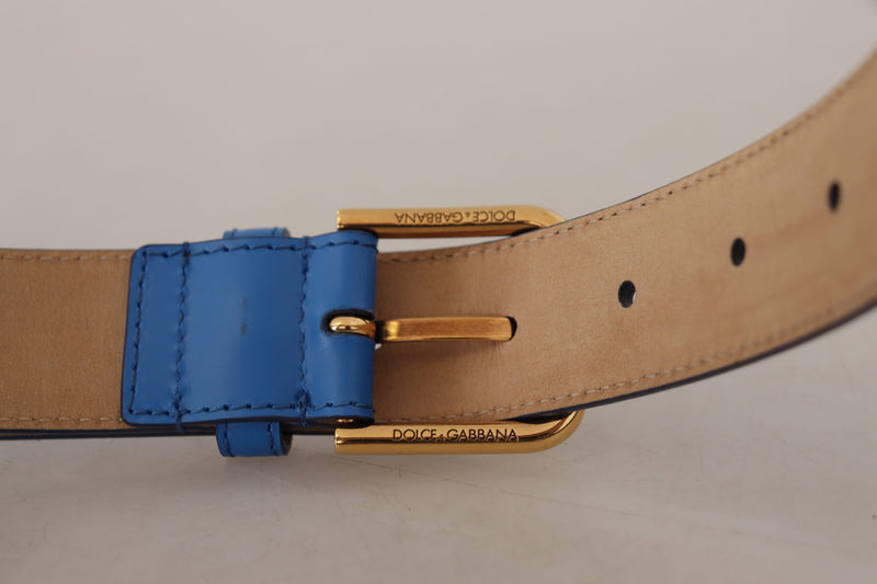 Blue Leather Gold Tone Logo Metal Waist Buckle Belt