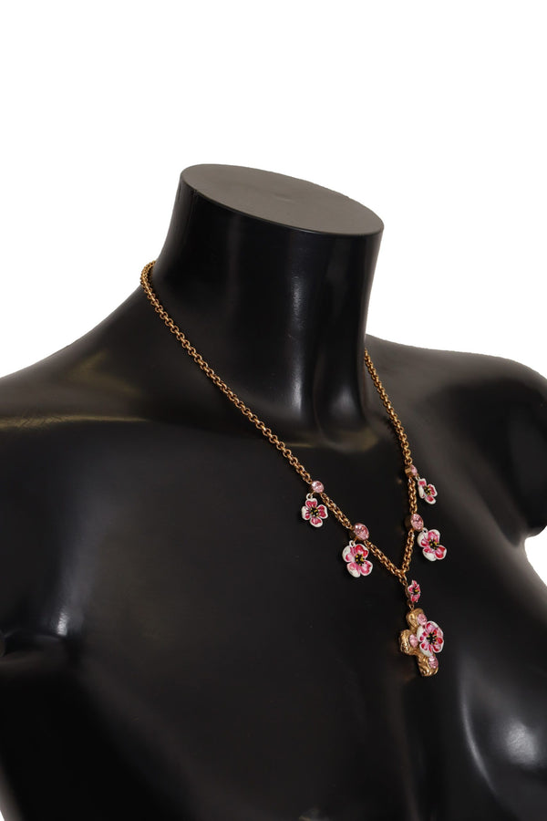 Gold Tone Brass Cross Chain Pink Crystal Pendant Necklace