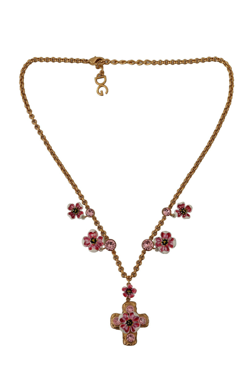 Gold Tone Brass Cross Chain Pink Crystal Pendant Necklace