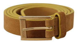 Brown Suede Skinny Gold Metal Logo Buckle Belt