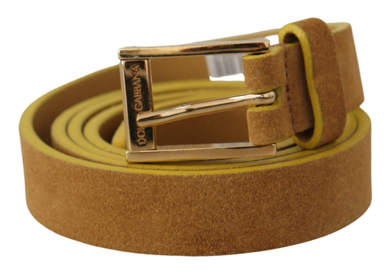 Brown Suede Skinny Gold Metal Logo Buckle Belt