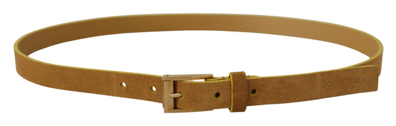 Brown Suede Skinny Gold Metal Logo Buckle Belt