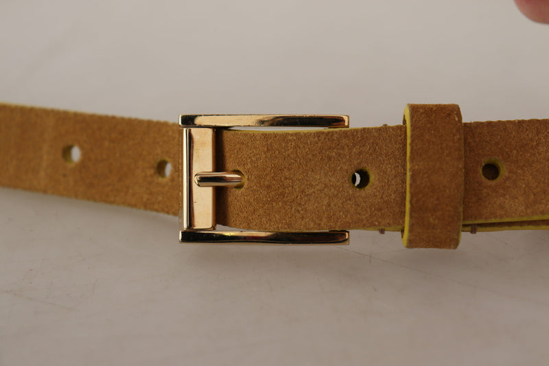 Brown Suede Skinny Gold Metal Logo Buckle Belt