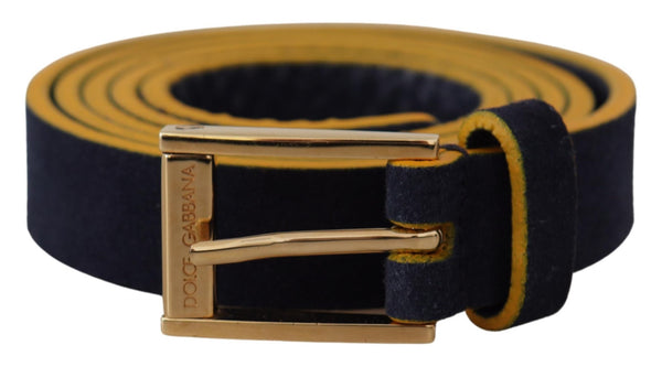 Blue Suede Yellow Gold Metal Logo Buckle Belt