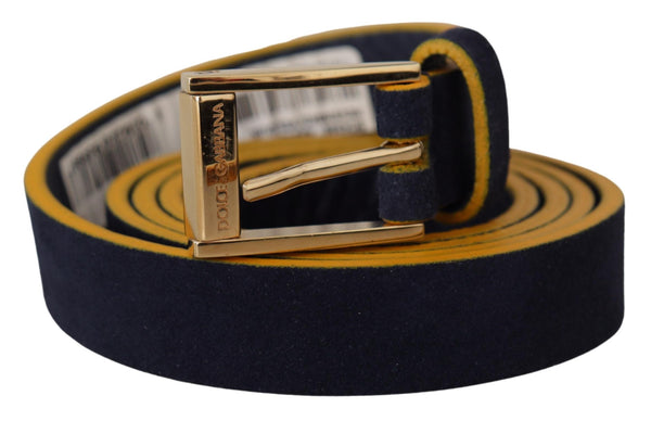 Blue Suede Yellow Gold Metal Logo Buckle Belt