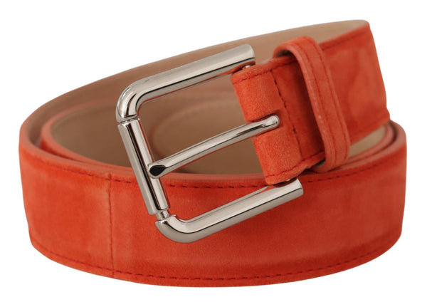 Orange Leather Suede Silver Logo Metal Buckle Belt