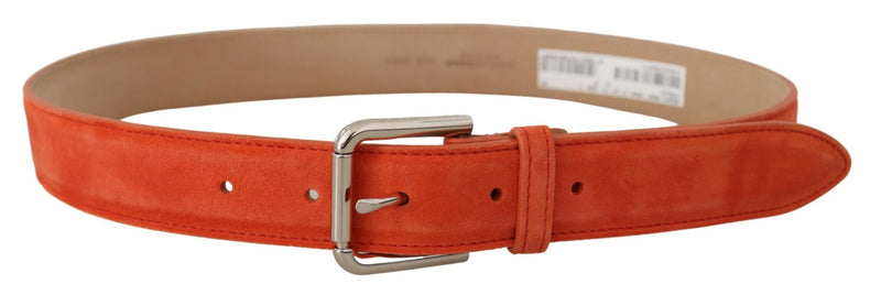 Orange Leather Suede Silver Logo Metal Buckle Belt