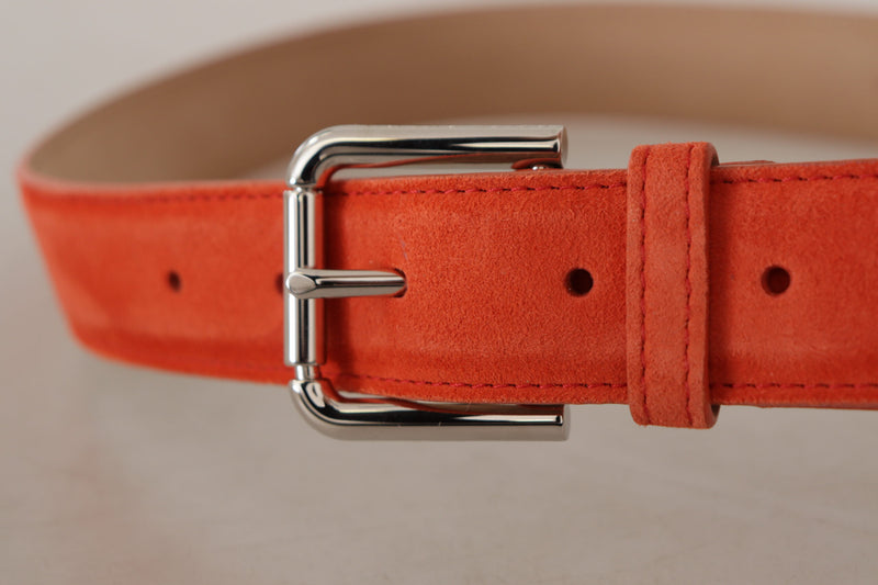 Orange Leather Suede Silver Logo Metal Buckle Belt