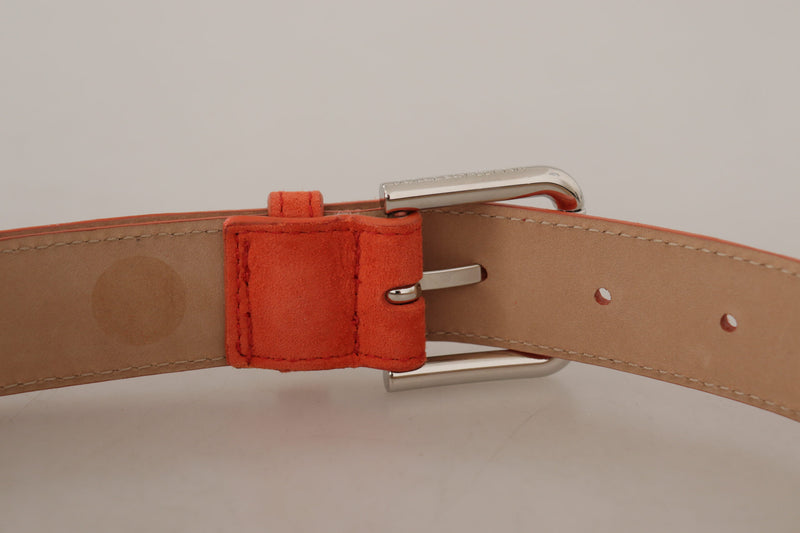 Orange Leather Suede Silver Logo Metal Buckle Belt