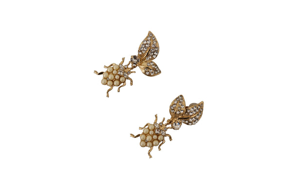 Gold Brass Beetle Crystals Clip On Dangling Earrings