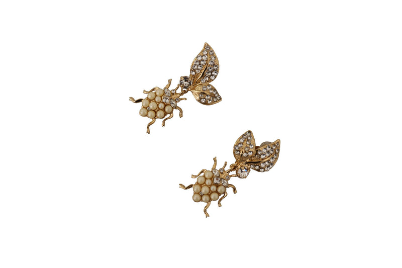 Gold Brass Beetle Crystals Clip On Dangling Earrings