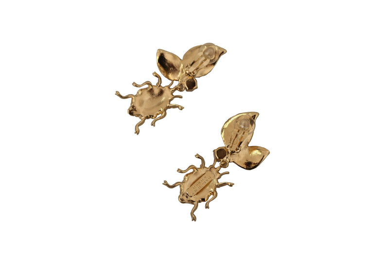 Gold Brass Beetle Crystals Clip On Dangling Earrings