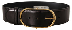 Black Wide Leather Gold Tone Metal Oval Buckle Belt