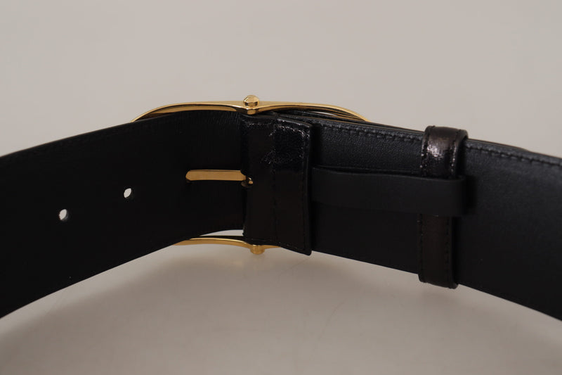 Black Wide Leather Gold Tone Metal Oval Buckle Belt