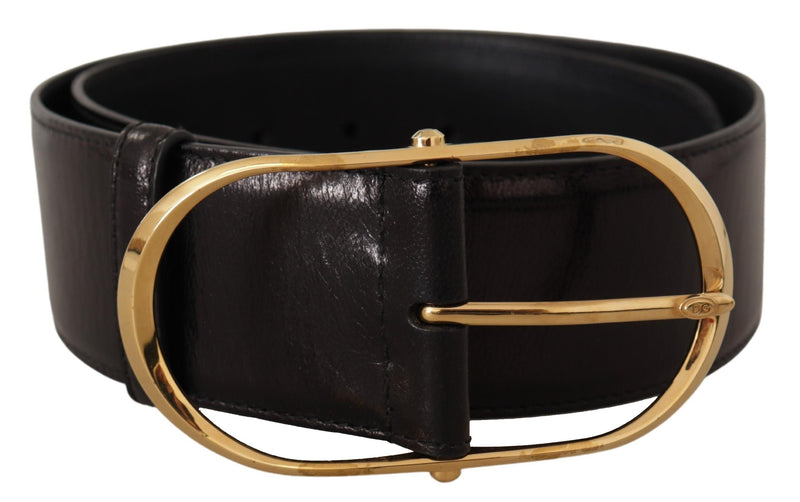 Black Wide Leather Gold Tone Metal Oval Buckle Belt