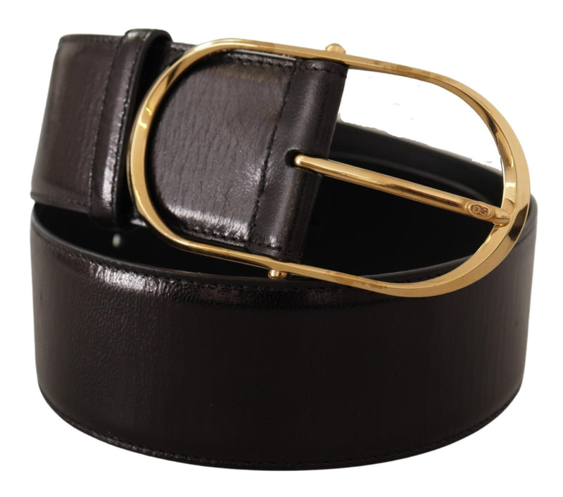 Black Wide Leather Gold Tone Metal Oval Buckle Belt