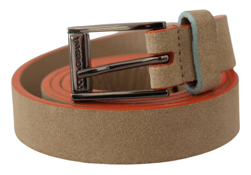 Nude Beige Skinny Logo Engraved Waist Buckle Belt