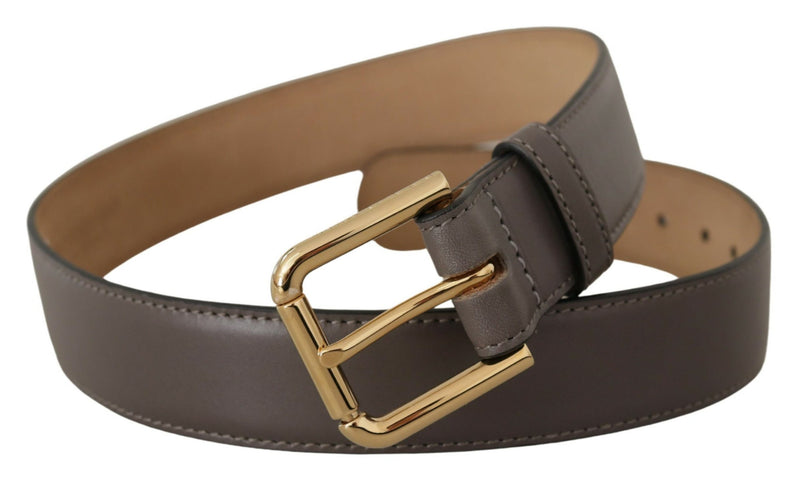 Gray Calfskin Leather Gold Metal Logo Buckle Belt