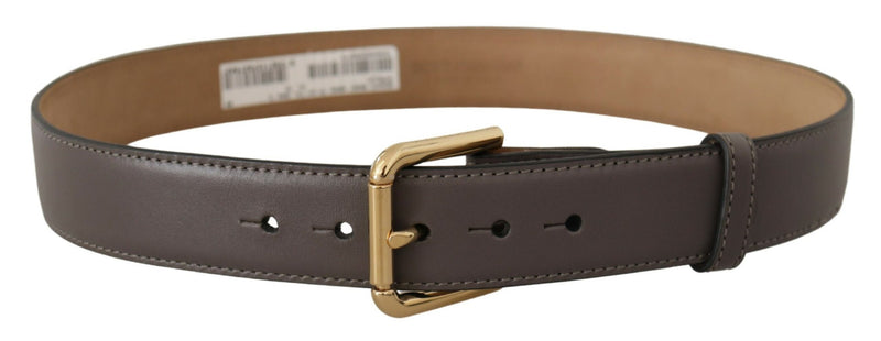 Gray Calfskin Leather Gold Metal Logo Buckle Belt