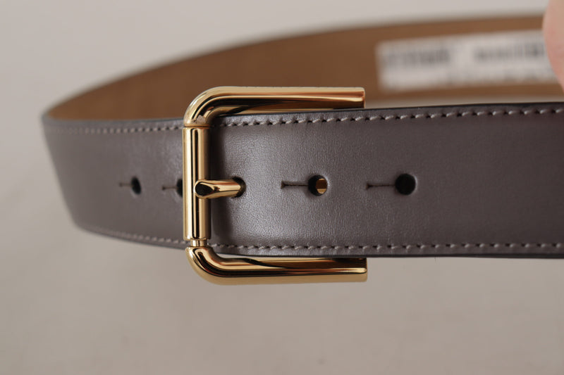 Gray Calfskin Leather Gold Metal Logo Buckle Belt