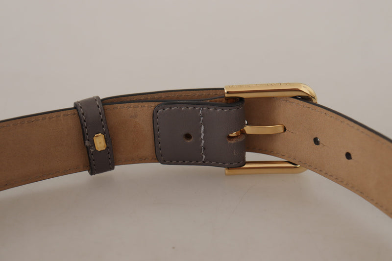 Gray Calfskin Leather Gold Metal Logo Buckle Belt