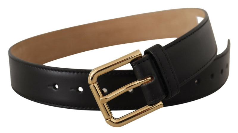 Black Solid Leather Classic Gold Waist Buckle Belt