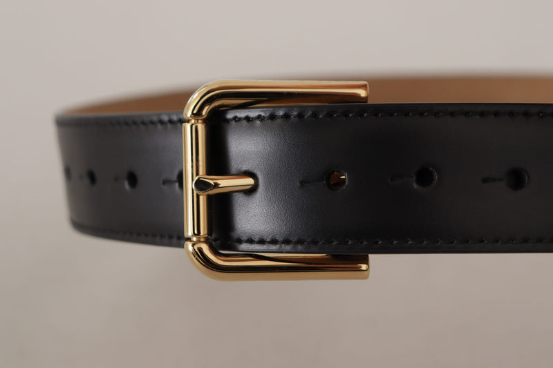 Black Solid Leather Classic Gold Waist Buckle Belt