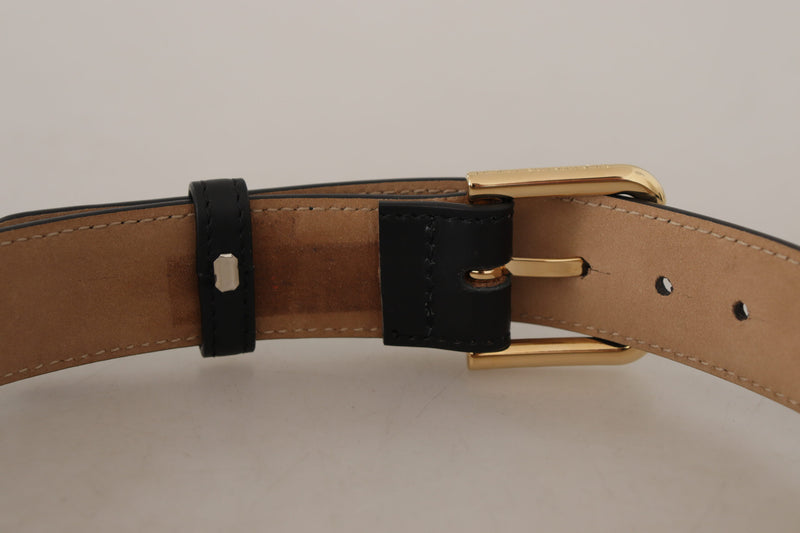 Black Solid Leather Classic Gold Waist Buckle Belt